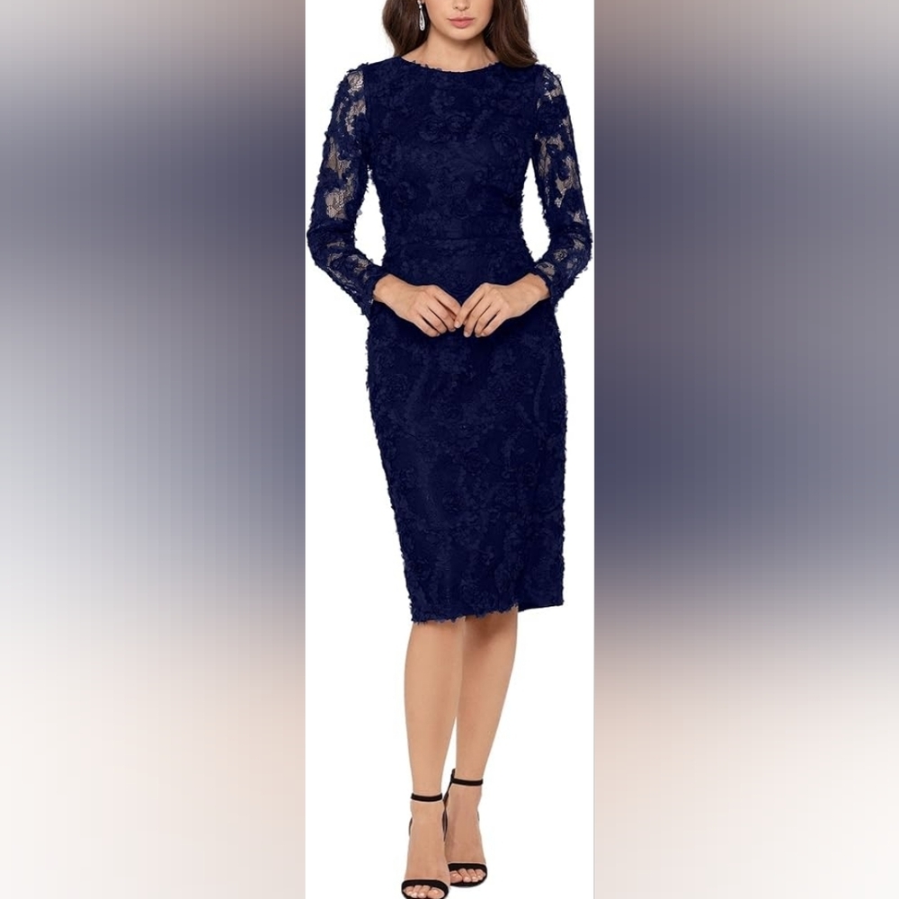 Xscape Size 12 Navy Blue Formal Dress Lace Flower Applique Wedding Guest